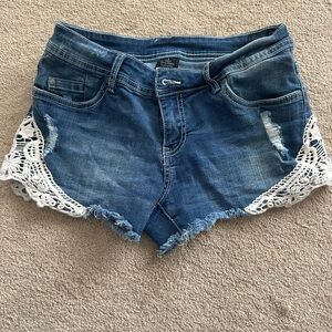 Crochet-Trim Denim Shorts in Blue